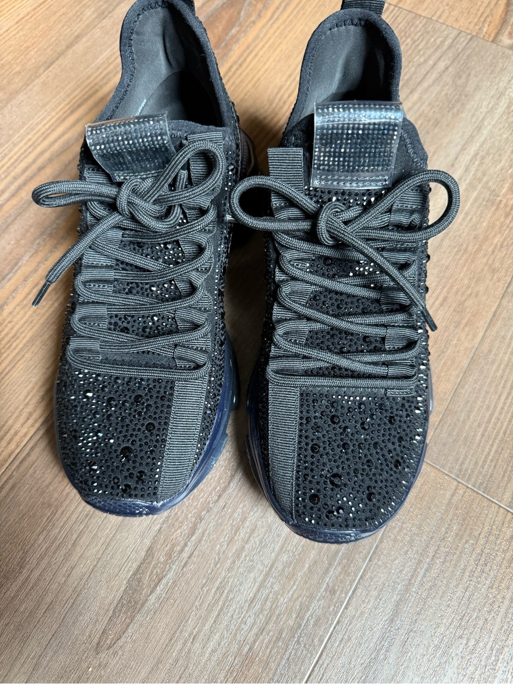 Steve Madden Black Crystal-Embellished Knit Lace-Up Sneakers